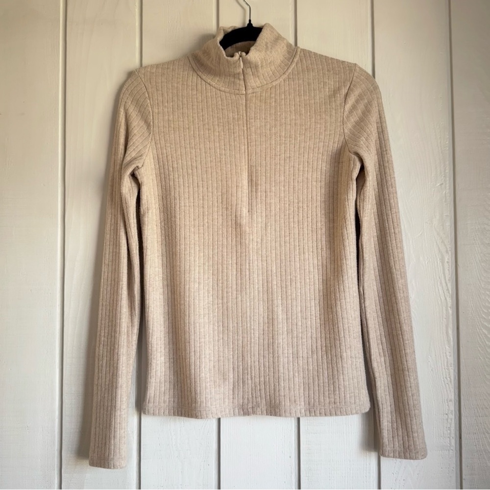 Vince Cream Ribbed Knit Half Zip Sweater
